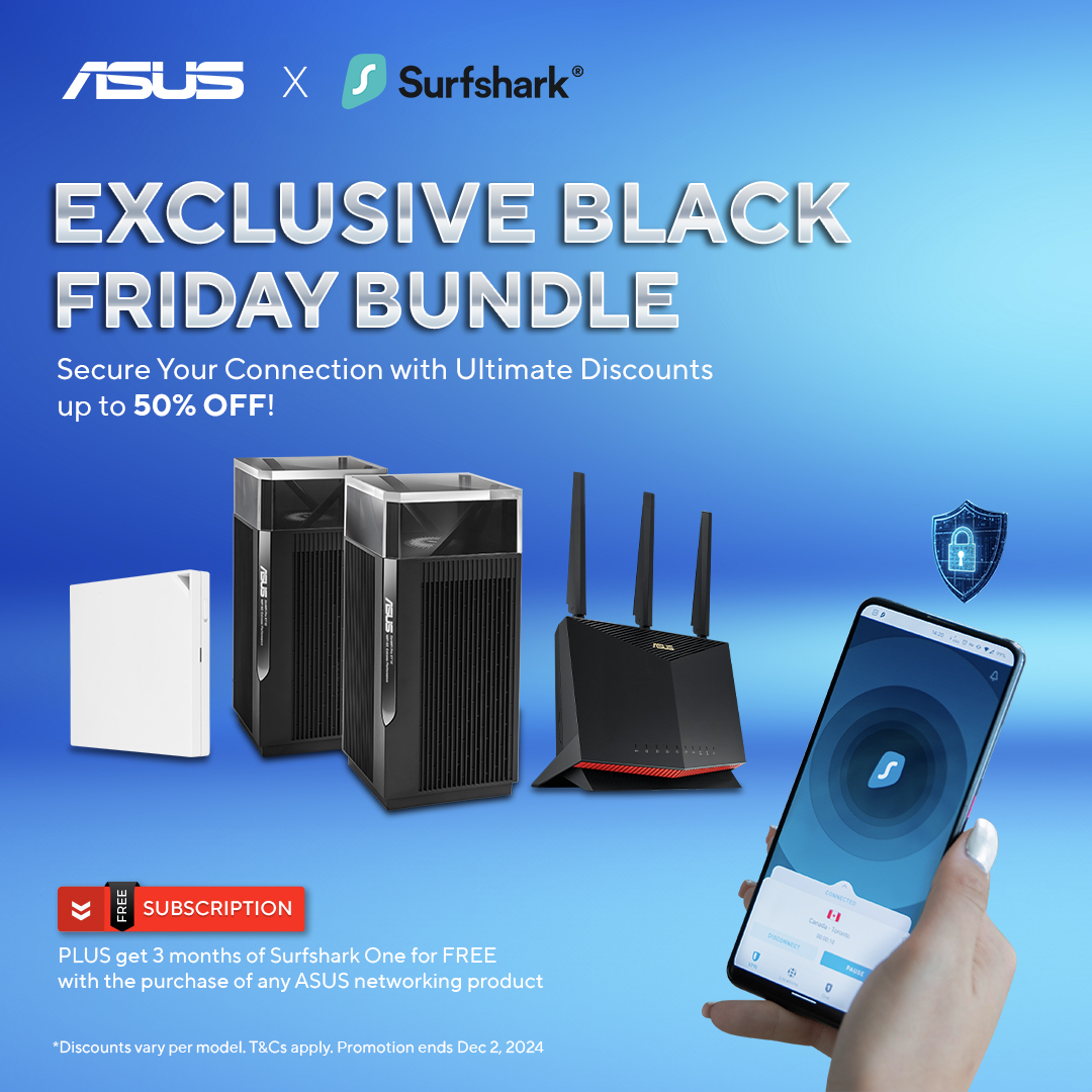 Purchase one of these ASUS networking products and get 3 months of Surfshark subscription for FREE.