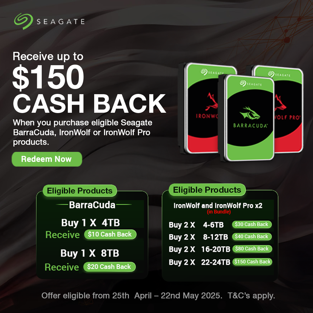  Seagate $150 Cash back with the purchase of eligible BarraCuda/Ironwolf/Ironwolf Pro 