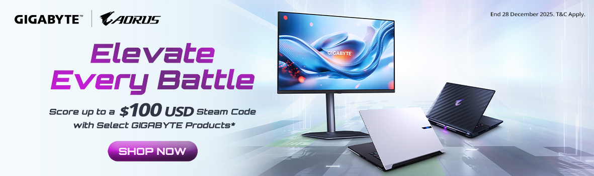 Score up to USD $100 Steam Code with Select GIGABYTE Laptops and Monitors | Elevate Every Battle with Gigabyte