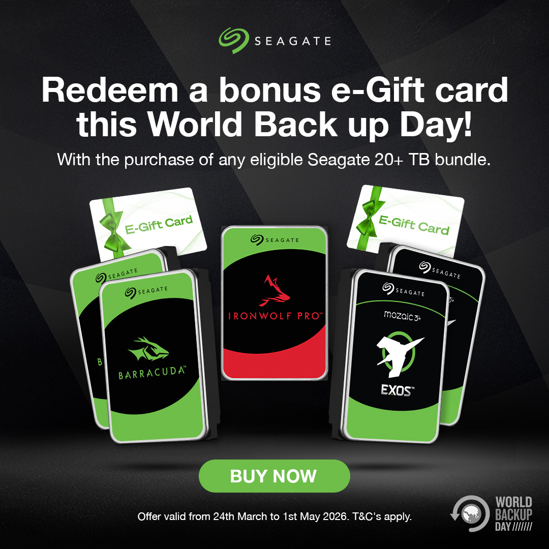 Purchase selected Seagate IronWolf Pro or Exos HDD high capacity bundles and claim an e-Gift card this World Backup Day.