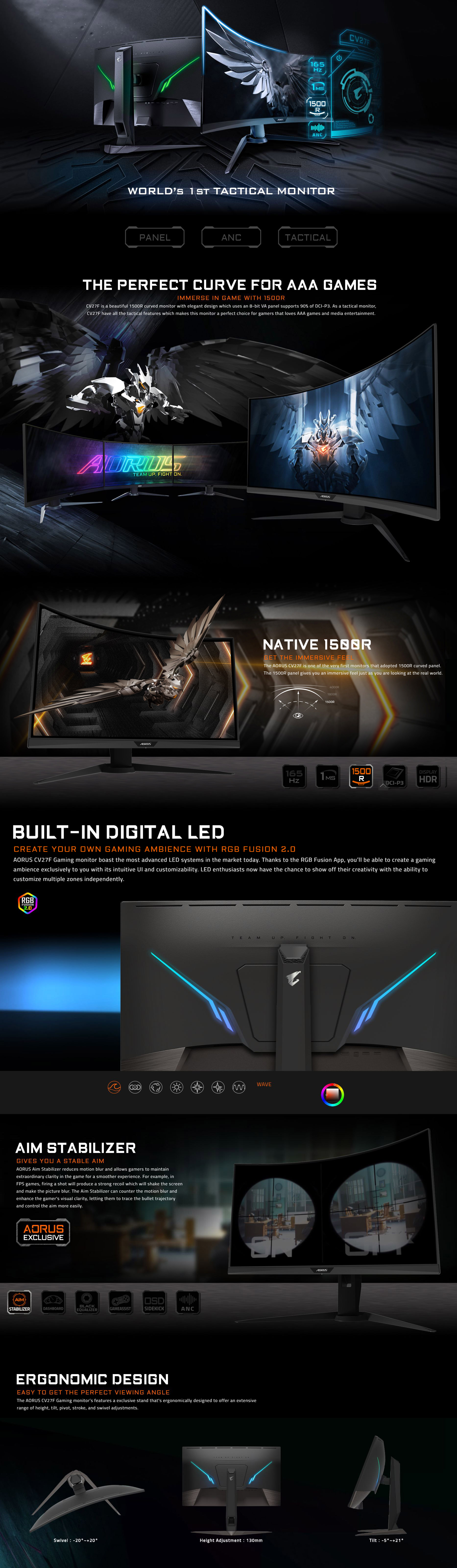 Gigabyte Aorus 27in FHD 165Hz Free Sync2 Curved Gaming Monitor (CV27F ...