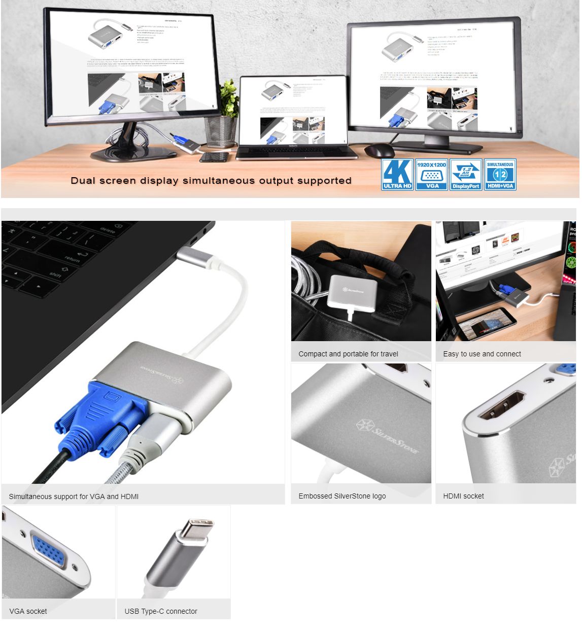 Silverstone ST-EP16C USB 3.1 Type-C To VGA/HDMI Dual Screen Adapter