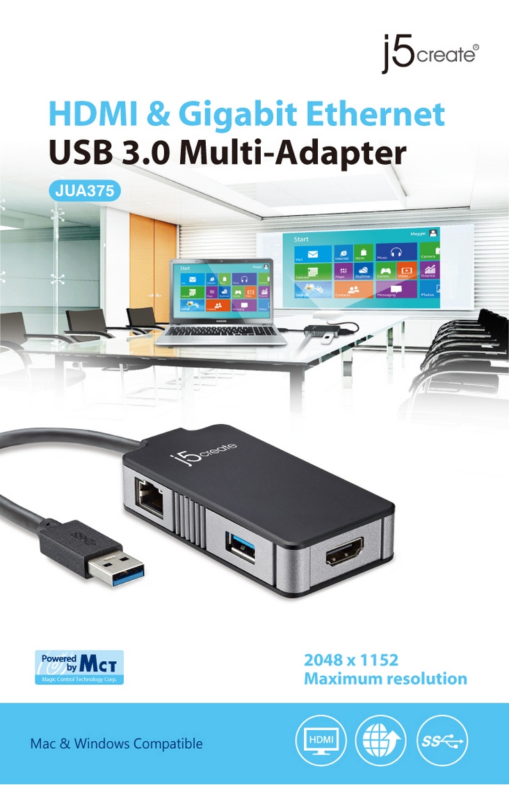 j5create USB 3.0 Multi Function Adapter USB Hub + Gigalan+HDMI (Windows/Mac)