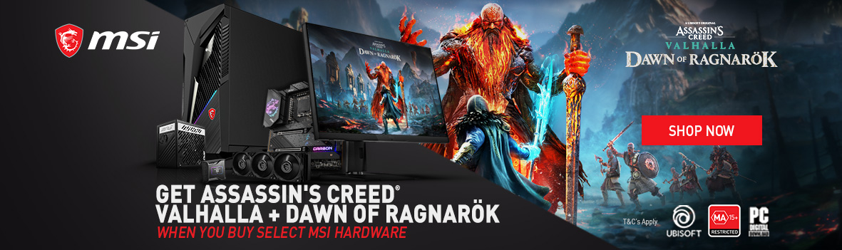 Buy any selected MSI gaming product, redeem a bonus digital PC copy of Assassin's Creed® Valhalla + Dawn of Ragnarök DLC for a limited time.