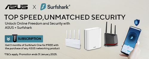 Purchase one of these ASUS networking products and get 3 months of Surfshark subscription for FREE.