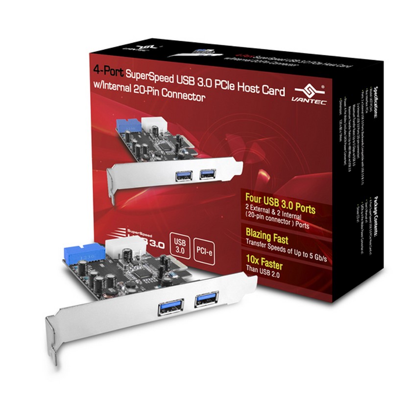 Vantec 4-Port SuperSpeed USB 3.0 PCIe Host Card w/ Internal 20-Pin Connector