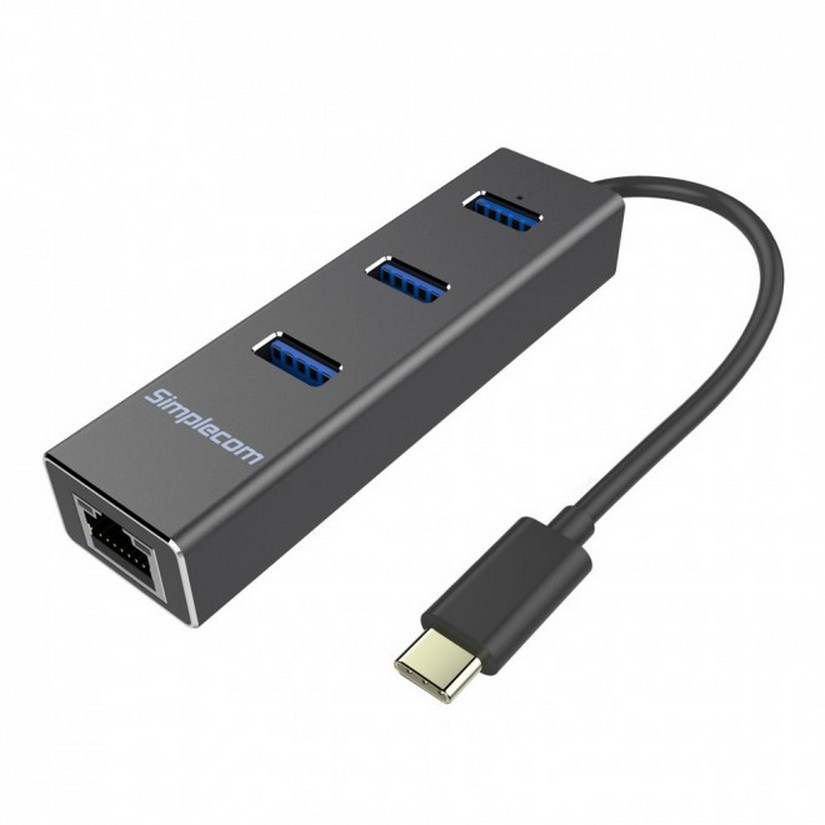 Simplecom Aluminium USB Type C to 3 Port USB 3.0 Hub with Gigabit Ethernet Adapter Black (CHN411-BK)