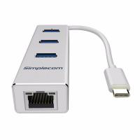 Simplecom CHN411 Aluminium USB Type C to 3 Port USB 3.0 Hub with Gigabit Ethernet Adapter Silver