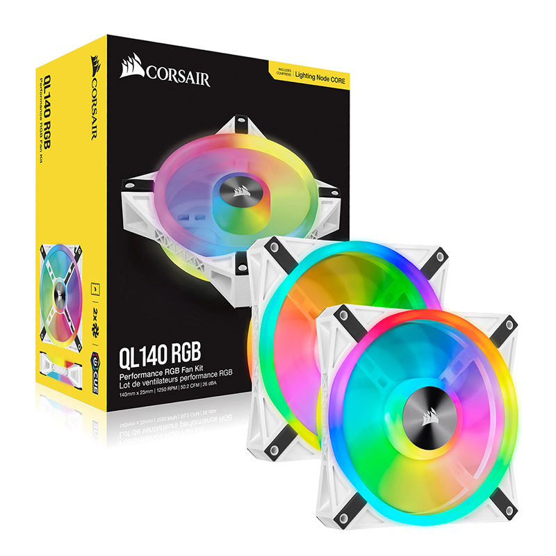 Corsair iCUE QL140 RGB 140mm Fan White - 2 Pack with Lighting Node Core