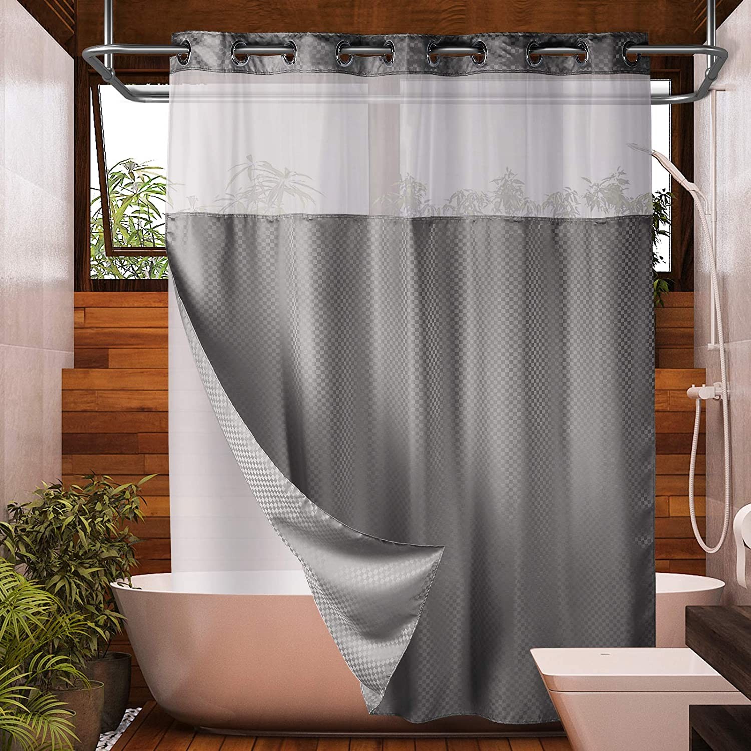 Lagute SnapHook Hook Free Shower Curtain with Snap-in Liner & See Through Top Window - Gray