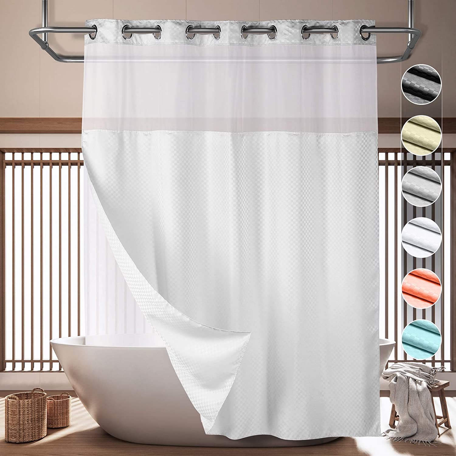 Lagute SnapHook Hook Free Shower Curtain with Snap-in Liner & See Through Top Window - White