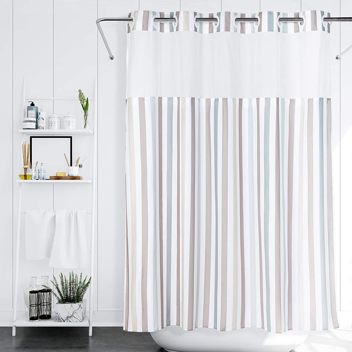 Lagute SnapHook Hook Free Shower Curtain with Snap-in Liner & See Through Top Window - Pattern