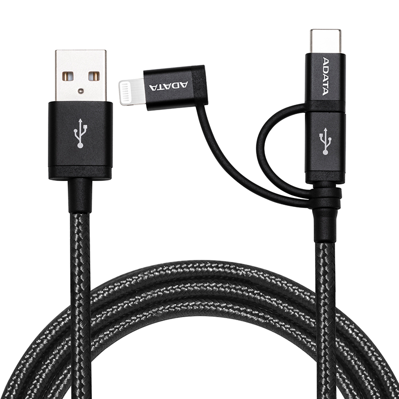 ADATA 3 in 1 Micro USB / Type C / Lightning Cable 1m - Black