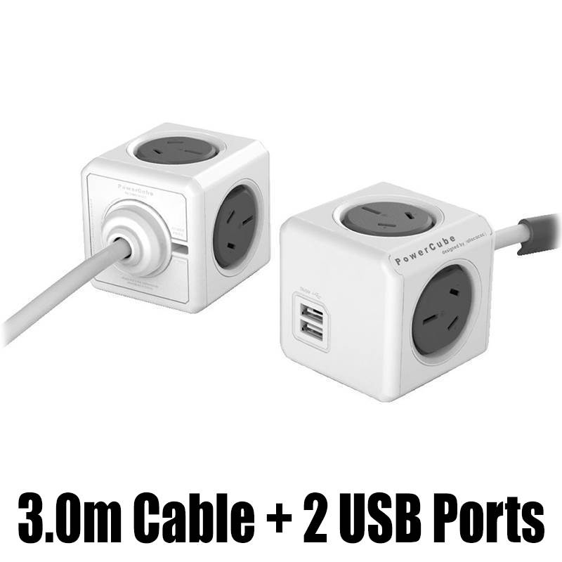 Allocacoc PowerCube Extended USB 4 Outlets 2 USB 3M - Grey