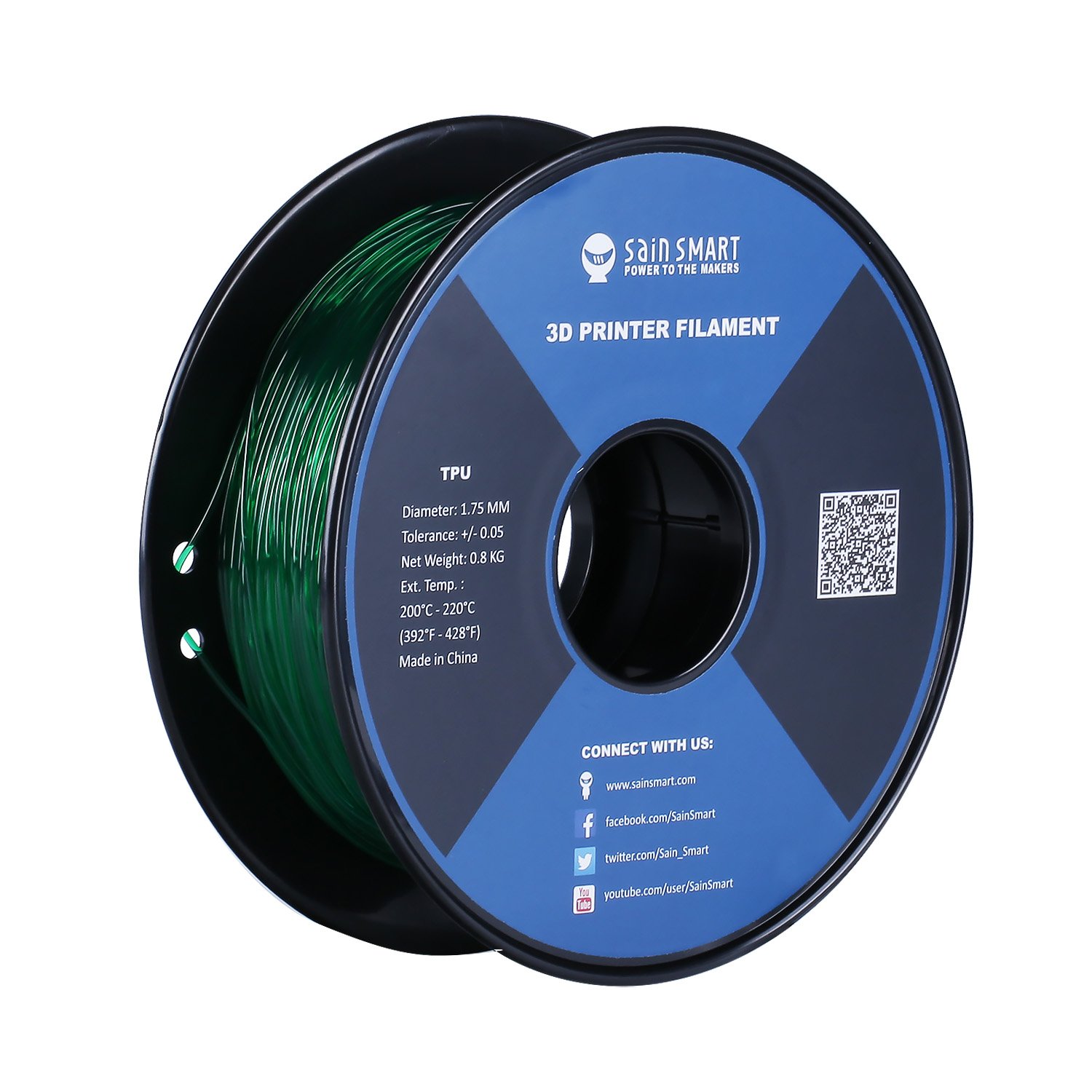 SainSmart Emerald Flexible TPU 3D Printing Filament, 1.75 mm, 0.8 kg, Dimensional Accuracy +/- 0.05 mm, Model Number: TPU-EMR-0.8KG1.75