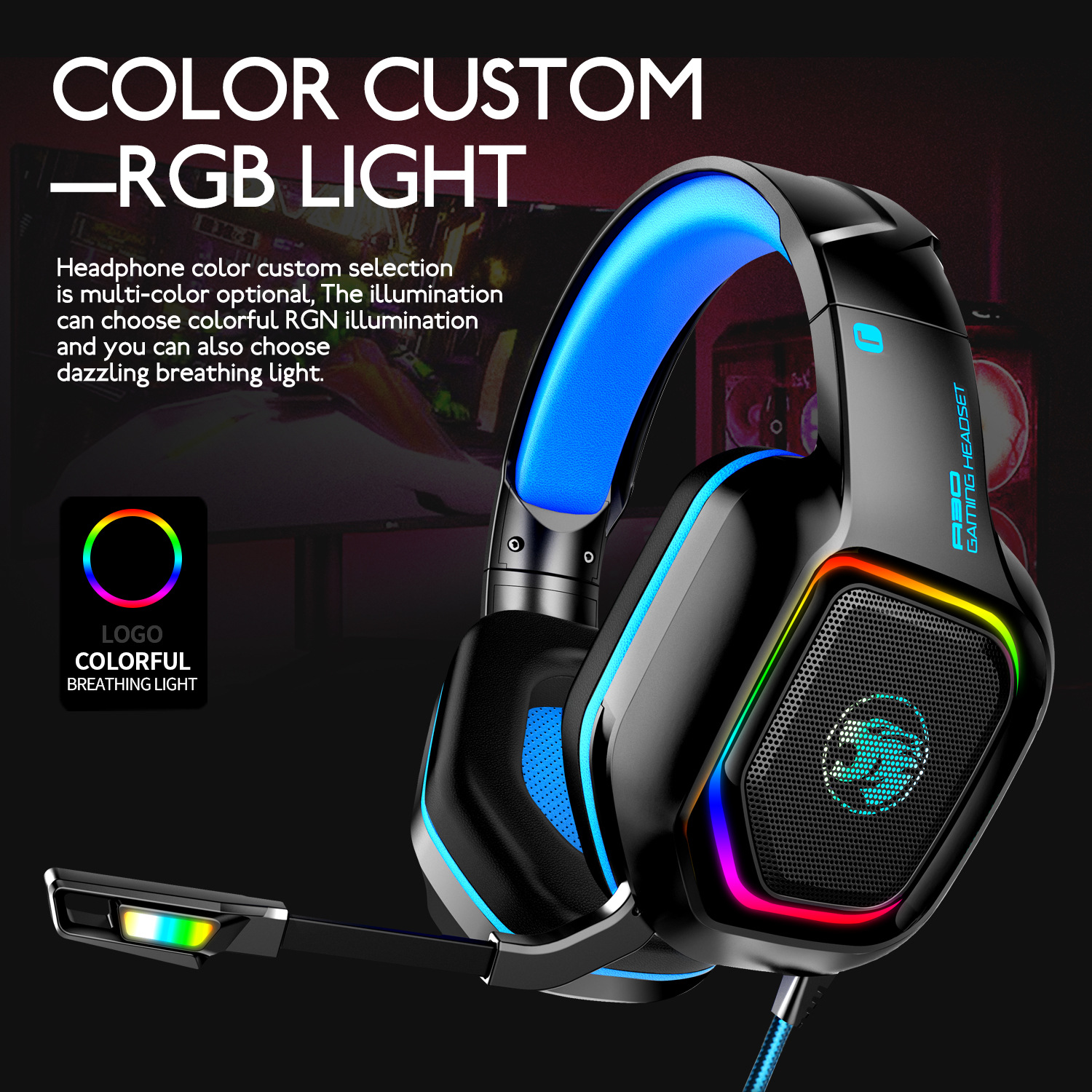 A30 computer gaming headset subwoofer light-emitting E-sports wired headset 7.1 channel