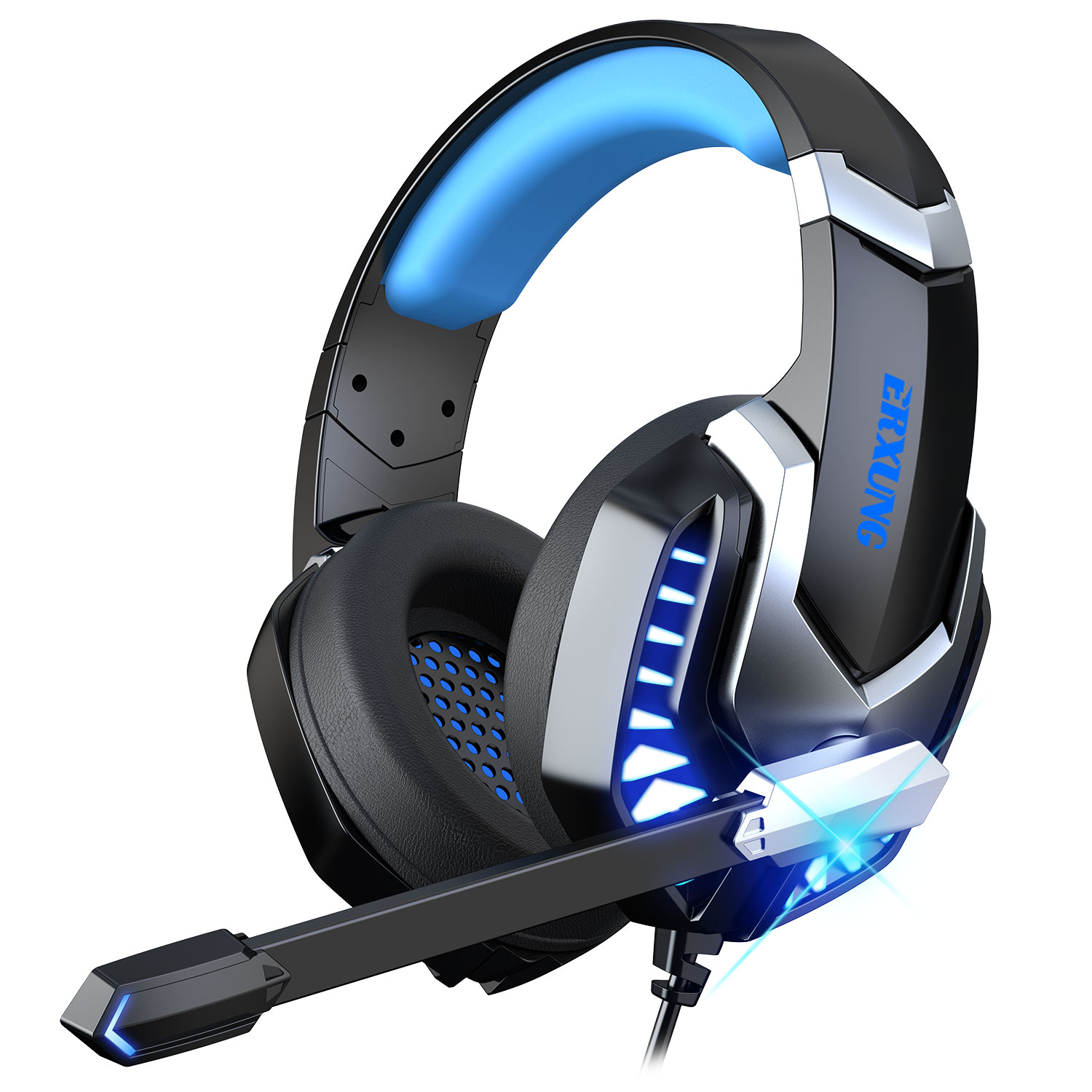 J30 Head-mounted Gaming Headset Microphone Wired Stereo Bass USB PS4 Headphones Colorful Glow LED Light Computer PC Earphon BLUE 