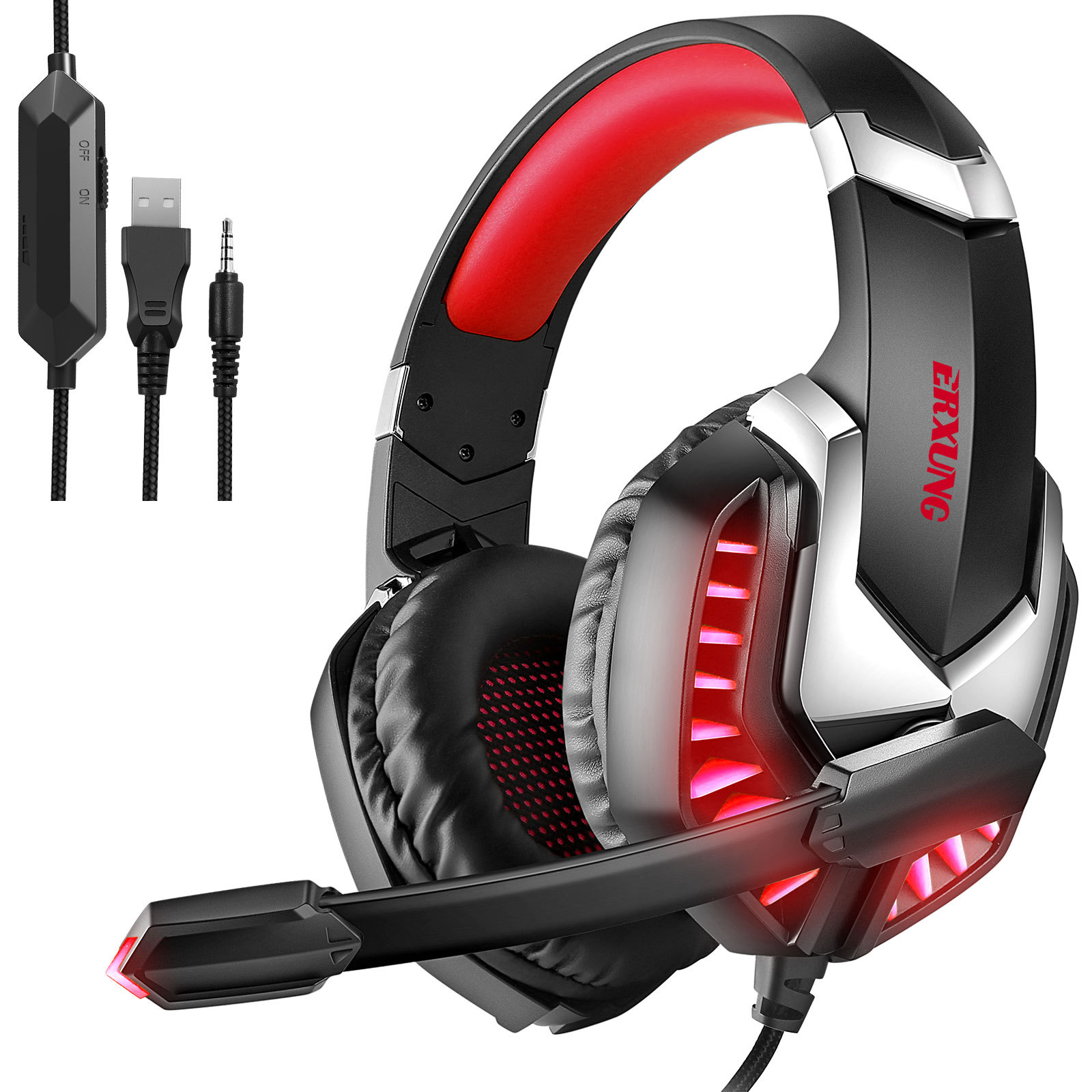 J30 Head-mounted Gaming Headset Microphone Wired Stereo Bass USB PS4 Headphones Colorful Glow LED Light Computer PC Earphon RED 