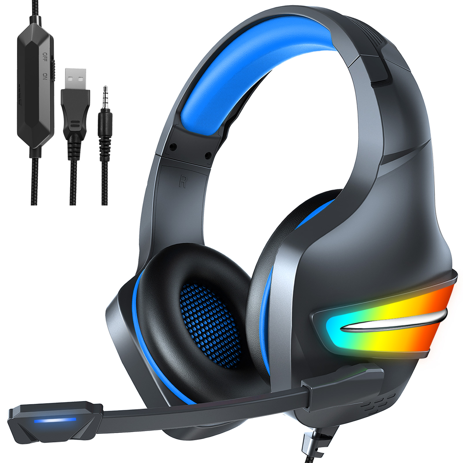 J6 Wired Gaming Headset RGB LED Light Effect Computer PC Headphone for Gamers BLUE