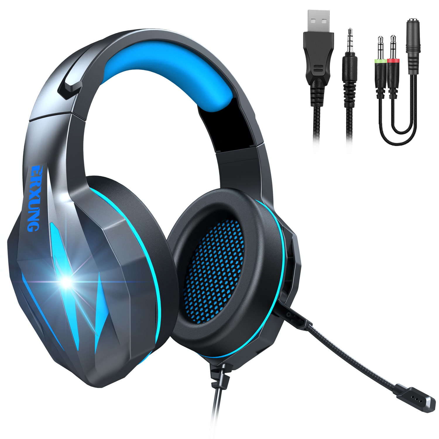 J5 Gaming Headset With Noise-canceling Microphone Wired Stereo Bass Headphones Colorful Glow LED Light Computer PC Earphons BLUE