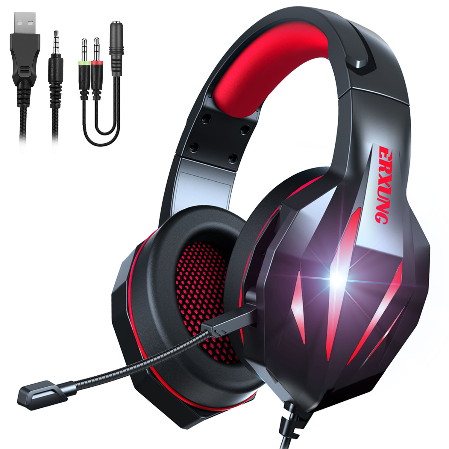 J5 Gaming Headset With Noise-canceling Microphone Wired Stereo Bass Headphones Colorful Glow LED Light Computer PC Earphons RED