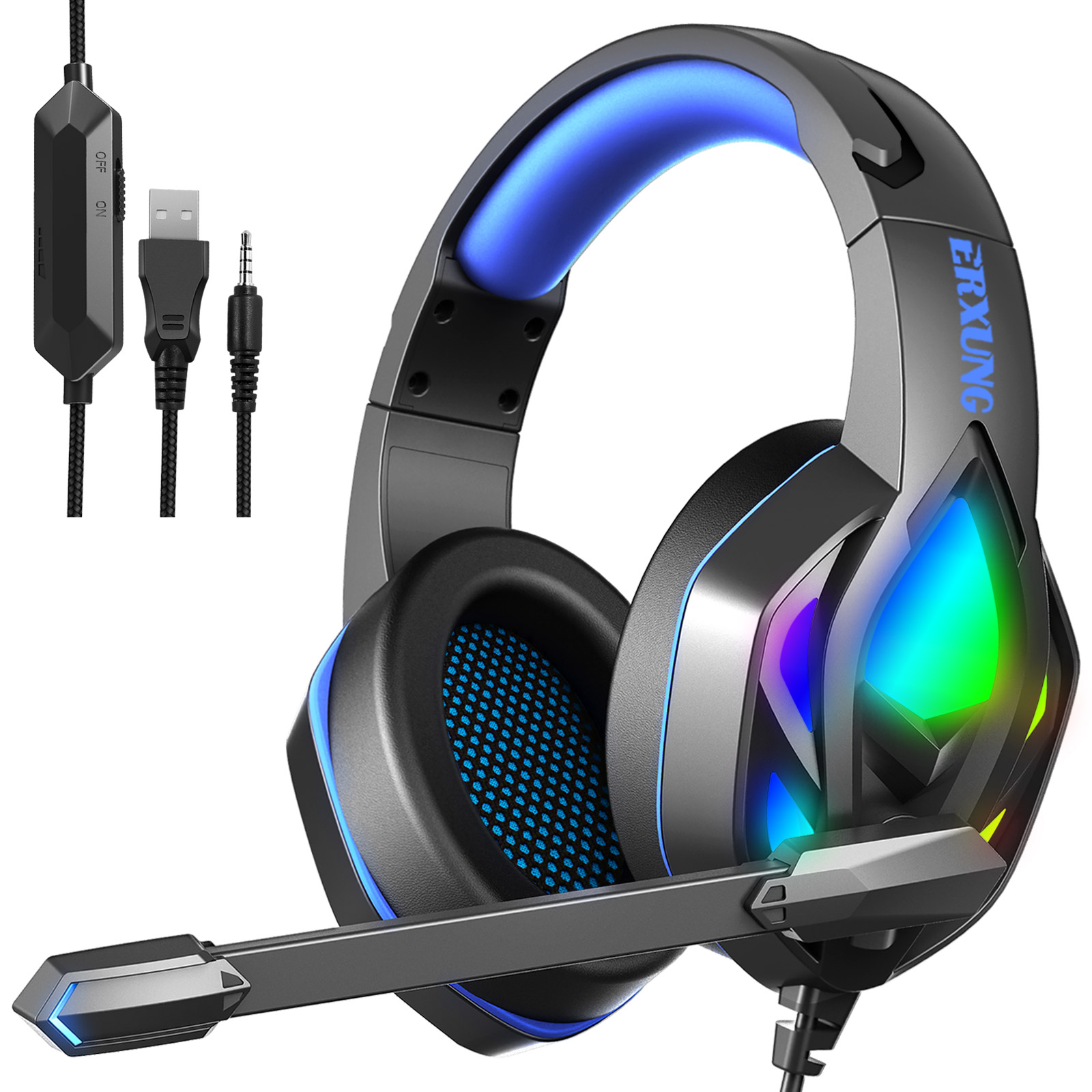 H100 Audio Headset with Microphone Stereo Overhead Headphones Wired Glow RGB Gaming Earphones For Computer PC Esports Gamer BLUE