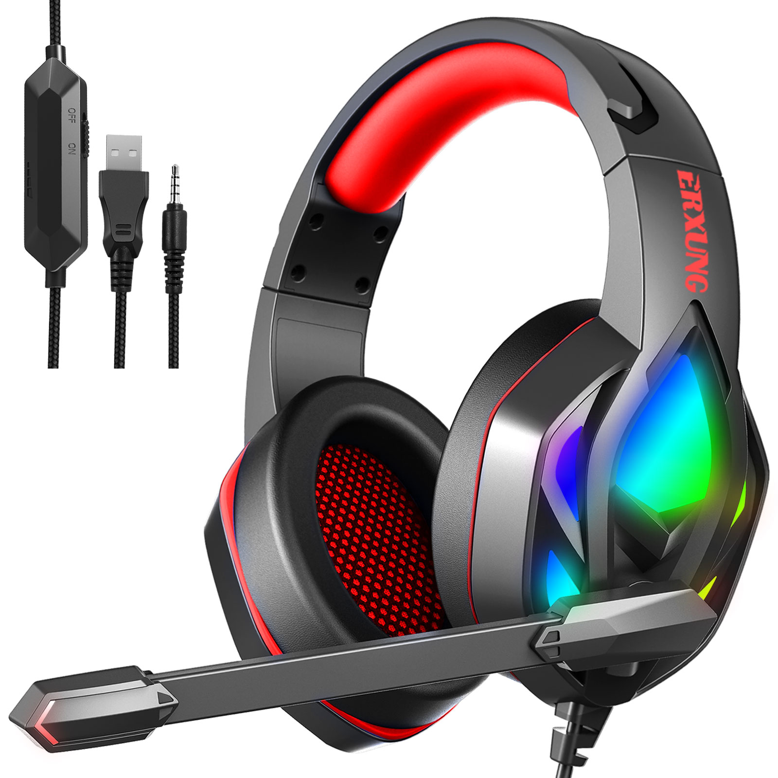 H100 Audio Headset with Microphone Stereo Overhead Headphones Wired Glow RGB Gaming Earphones For Computer PC Esports Gamer RED