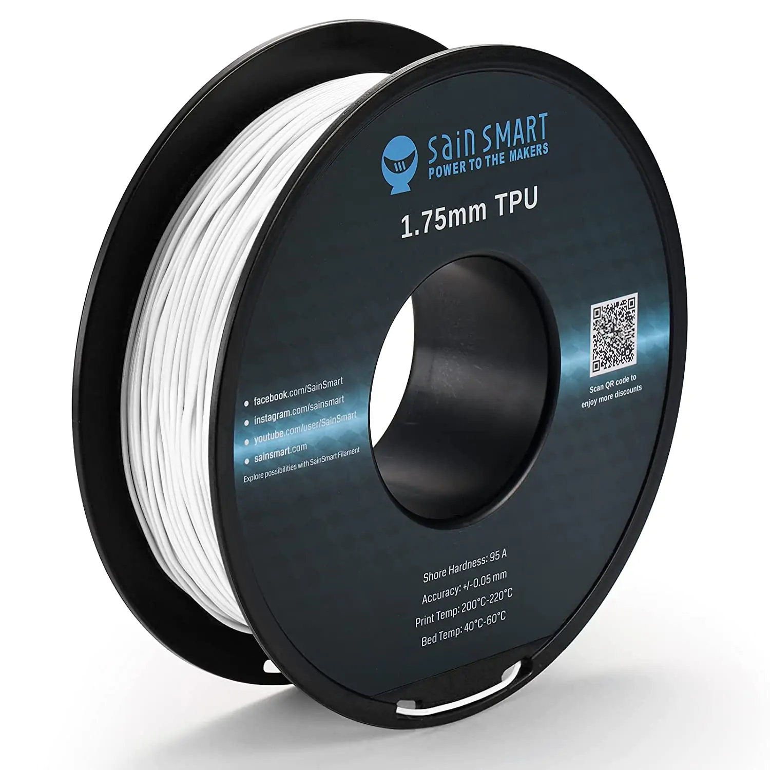 White Flexible TPU 3D Printing Filament, 1.75 mm, 0.8 kg, Dimensional Accuracy +/- 0.05 mm
