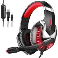 J30 Head-mounted Gaming Headset Microphone Wired Stereo Bass USB PS4 Headphones Colorful Glow LED Light Computer PC Earphon RED 