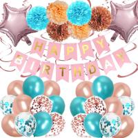Birthday Party Decorations Kit, 55PCS  Star Foil Balloons 3D Flowers Pom Pom with Happy Birthday Banner, Party Decoration Set for Kids Party