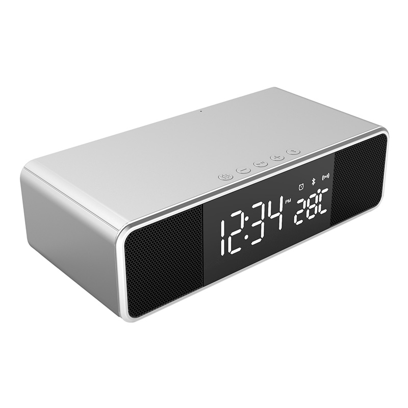 3 in 1 15W Wireless Mobile Charger with Clock and Bluetooth Speaker - Grey