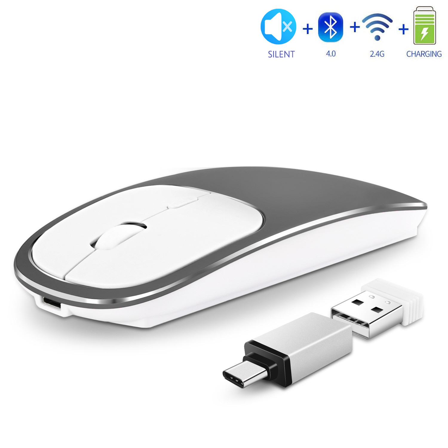 FRUITFUL Wireless Mouse 2.4GHz Bluetooth 5.0 Mouse Rechargeable Silent Mouse Dual Mode Computer Mice with USB and Type C Ports 1600 DPI