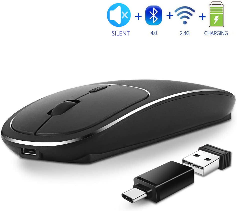 FRUITFUL Wireless Bluetooth 2.4GHz Mouse Rechargeable Silent Dual Mode Computer Mice with USB Receiver & Type C Adapter 1600 DPI for PC Labtop Macbook