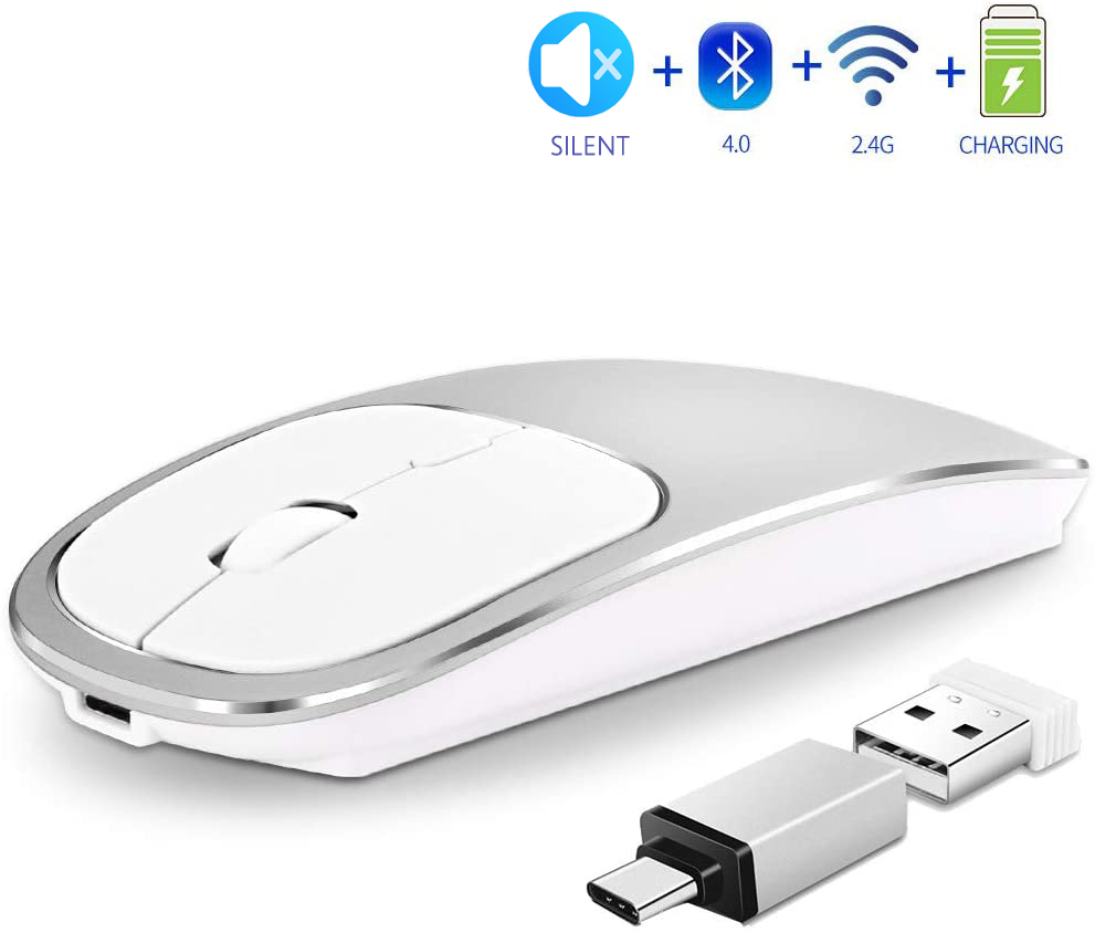 FRUITFUL Wireless Mouse with BT 5.0 and 2.4GHz Silent Bluetooth Mouse Dual Mode Computer Mouse with USB Type C Adapter 1600 DPI for Laptop ipad Phones