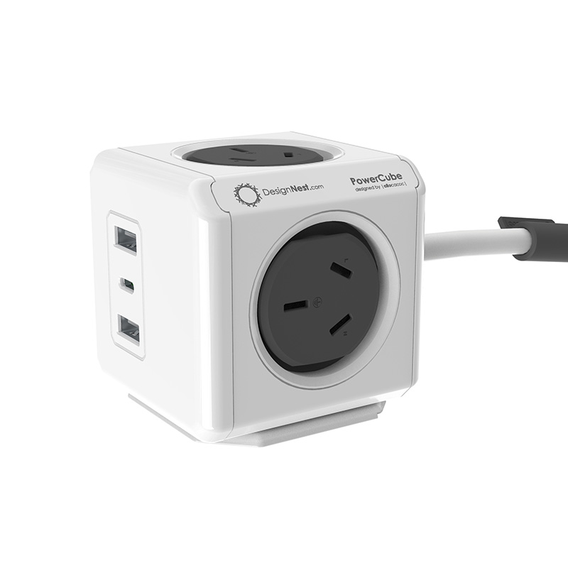 Allocacoc PowerCube Extended 4 Outlets 2 USB-A + 1 USB-C PD 20W with Surge 1.5M - Grey