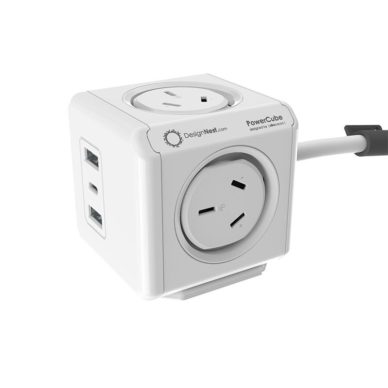 Allocacoc PowerCube Extended 4 Outlets 2 USB-A + 1 USB-C PD 20W with Surge 1.5M - White