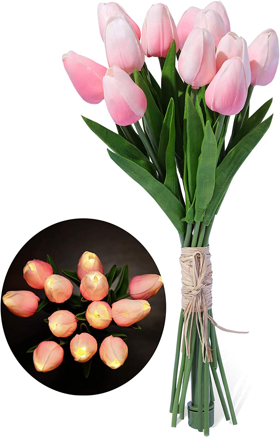 Artificial Flower Faux Tulip with LED Light 12 pcs Real Touch PU Flower Fake Bouquet for Wedding Party Home Office Decor Birthday etc Festival's Gift