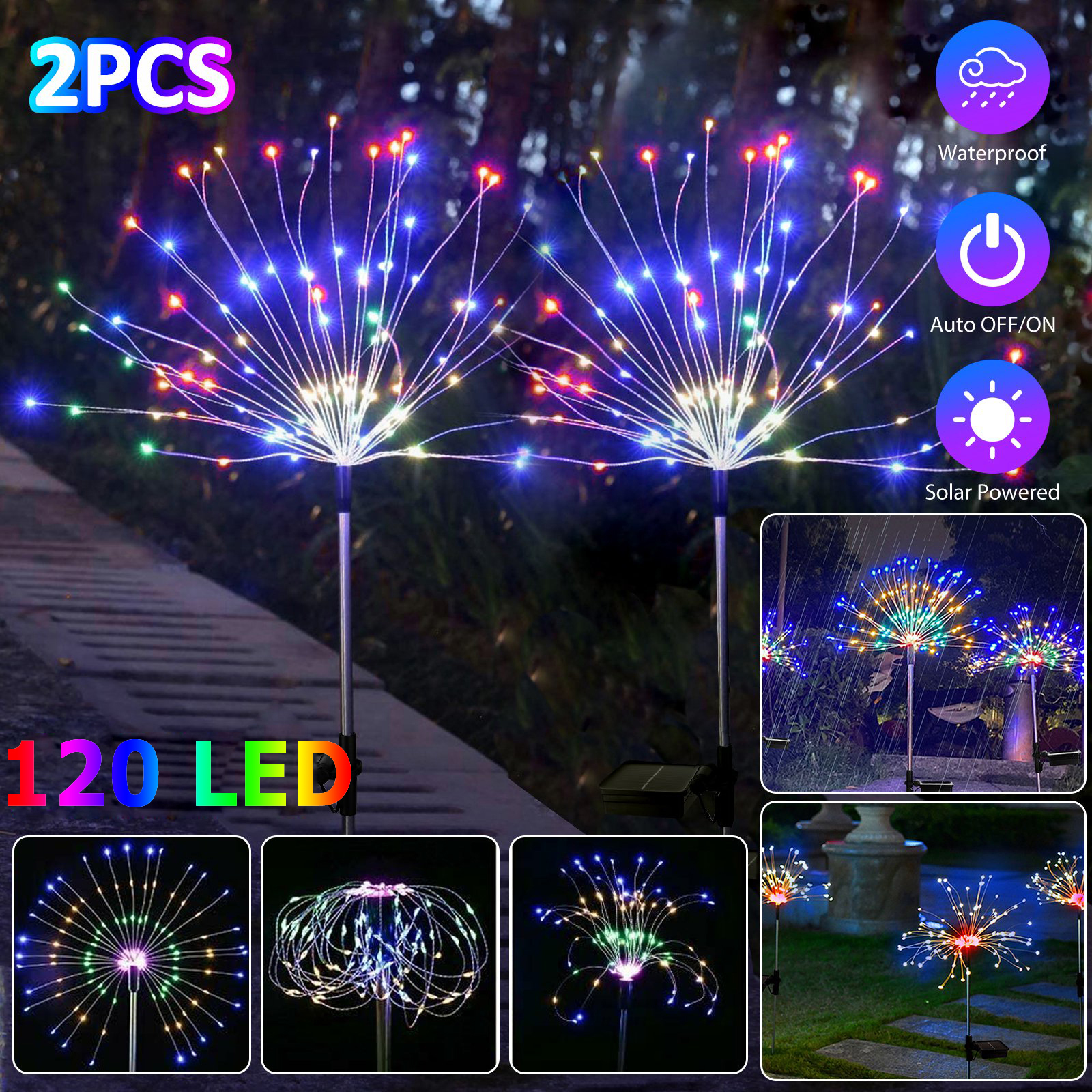 Solar Firework Garden LED Lights 2 Stake outdoor LED Light with 120 LED Beads waterproof 2 Lighting Mode Auto On/Off for Garden Yard Mother's Day Gift