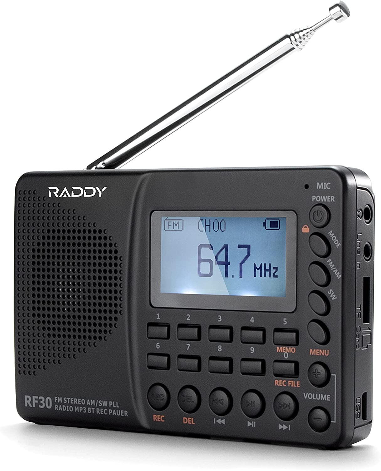 Raddy RF30 Portable Digital AM/FM/SW Radio, Digital Tuner Rechargeable Shortwave Radio, Support Bluetooth, Micro SD Card and AUX Recording