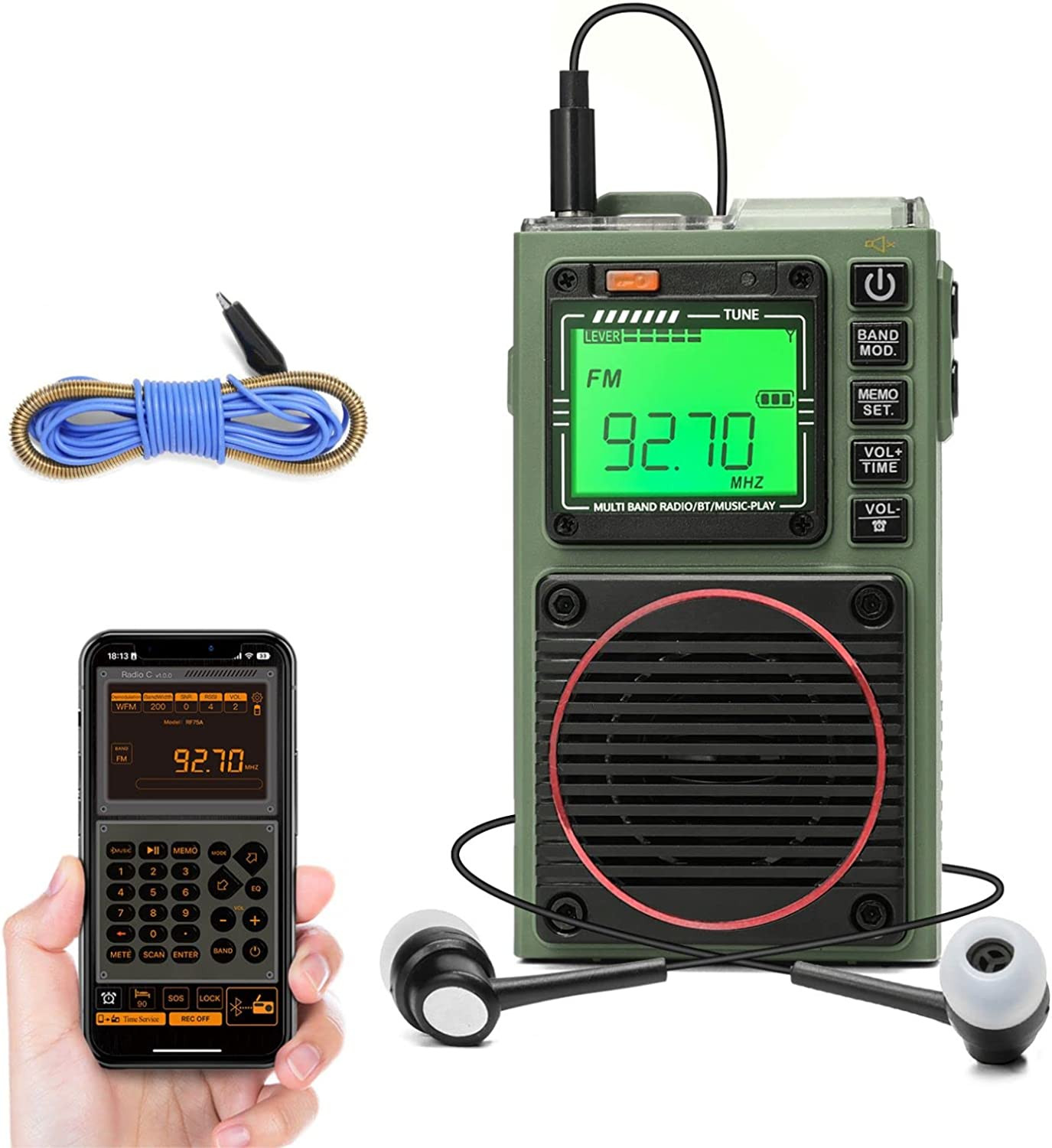Raddy RF75A APP Control Shortwave Radio, Portable AM/FM/VHF/SW/WB Receiver with Bluetooth, Pocket Radio Rechargeable w/ 9.85 Ft Wire Antenna