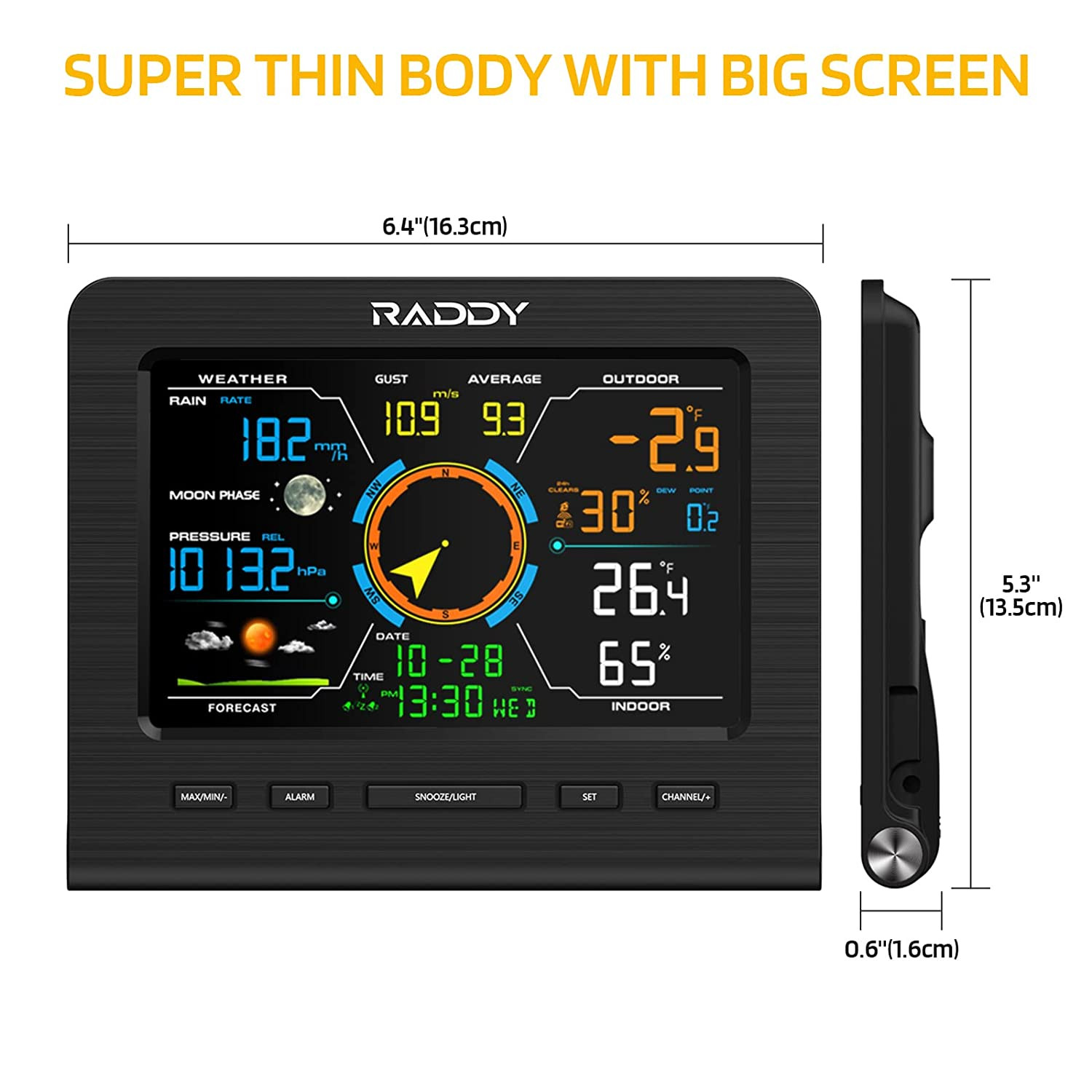 Raddy WF-100C Lite Weather Station Wireless Indoor Outdoor with Temperature, Barometric, Humidity, Wind Gauge, Rain Gauge, Weather Forecast, Moon Phra