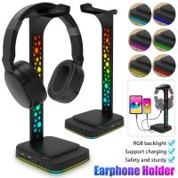 Headphone Stand RGB Gaming Headset Stand with 3.5mm AUX & 2 USB Charging Ports Earphones Holder with 10 Light Modes Headset Holder for Gamers PC