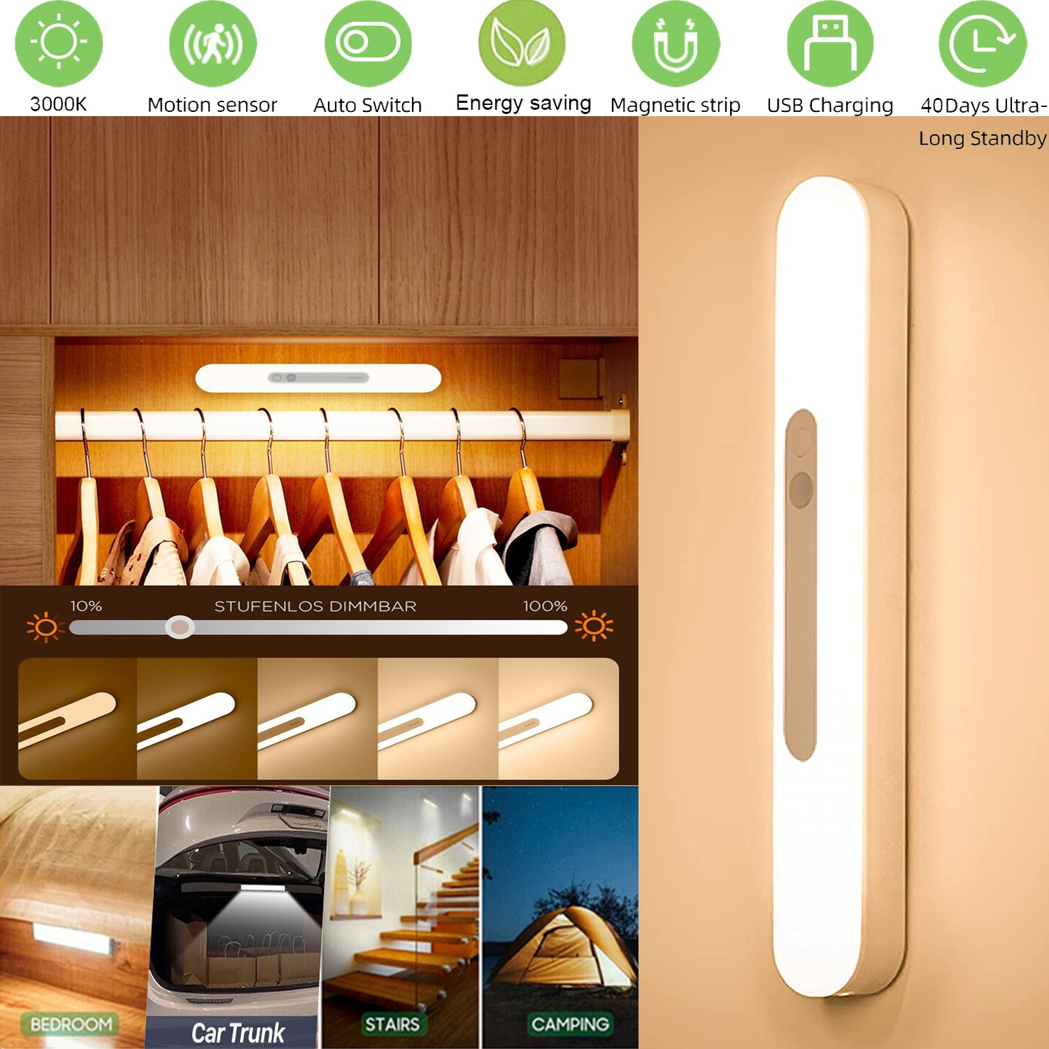 Motion Sensor Light Under Cabinet Lights Dimmable Rechargeable  Night Light induction light LED Closet Light for Kitchen Stairs Bedroom Hallway etc