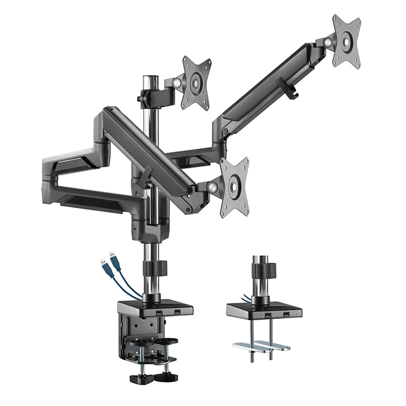 Brateck 17in-27in Triple Monitors Pole-Mounted Epic Gas Spring Aluminum Monitor Arm with USB Space Grey (LDT37-C036UP-SG)