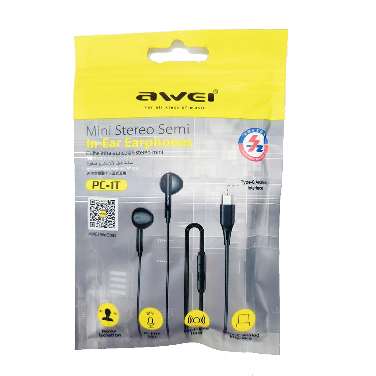 MOREJOY Awei PC-1T Mini Stereo Semi In-Ear Headphone Type-C Analog Interface In-line Mic Noise Isolation Black