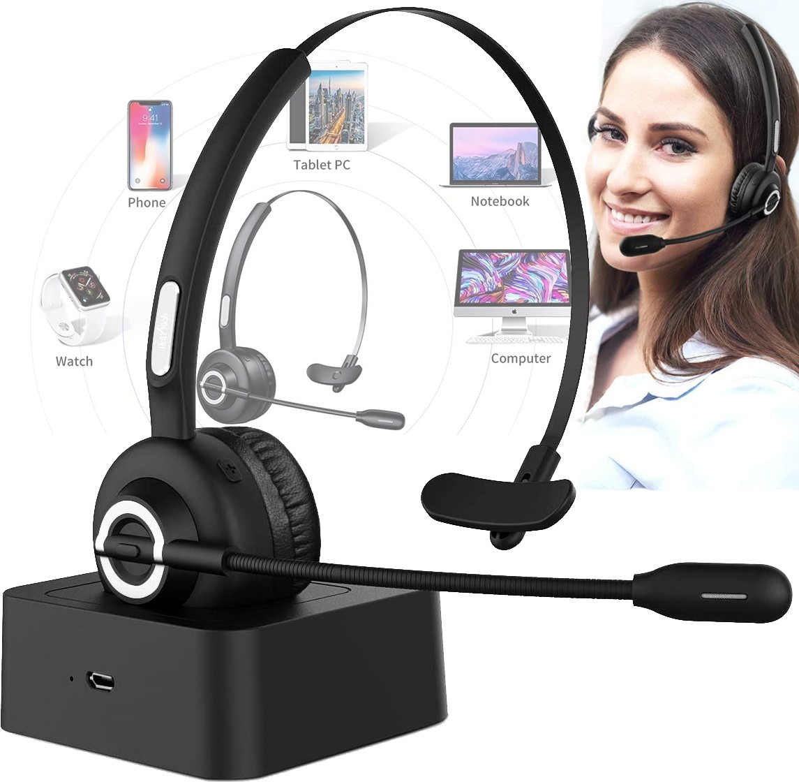 Trucker Bluetooth Headset Car Wireless Headset with Mic Noise Cancelling Office Headset On Ear Bluetooth Headphones for Home Office Call Center etc