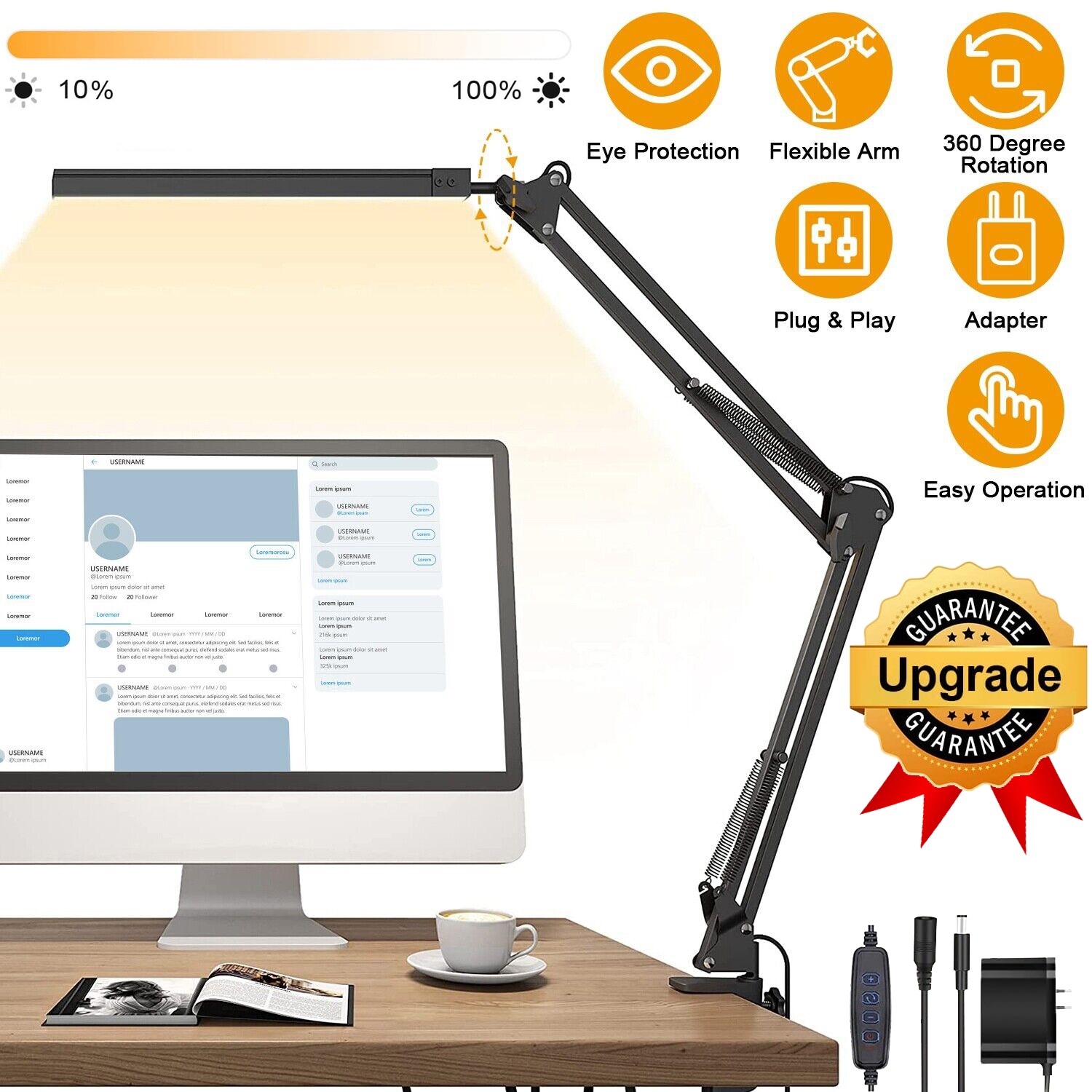 Upgrade 18W LED Desk Lamp Longer Swing Arm Table Lamp with Clamp Eye-Caring Architect Desk Light Dimmable Lamp with 3 Color Modes 10 Brightness Levels