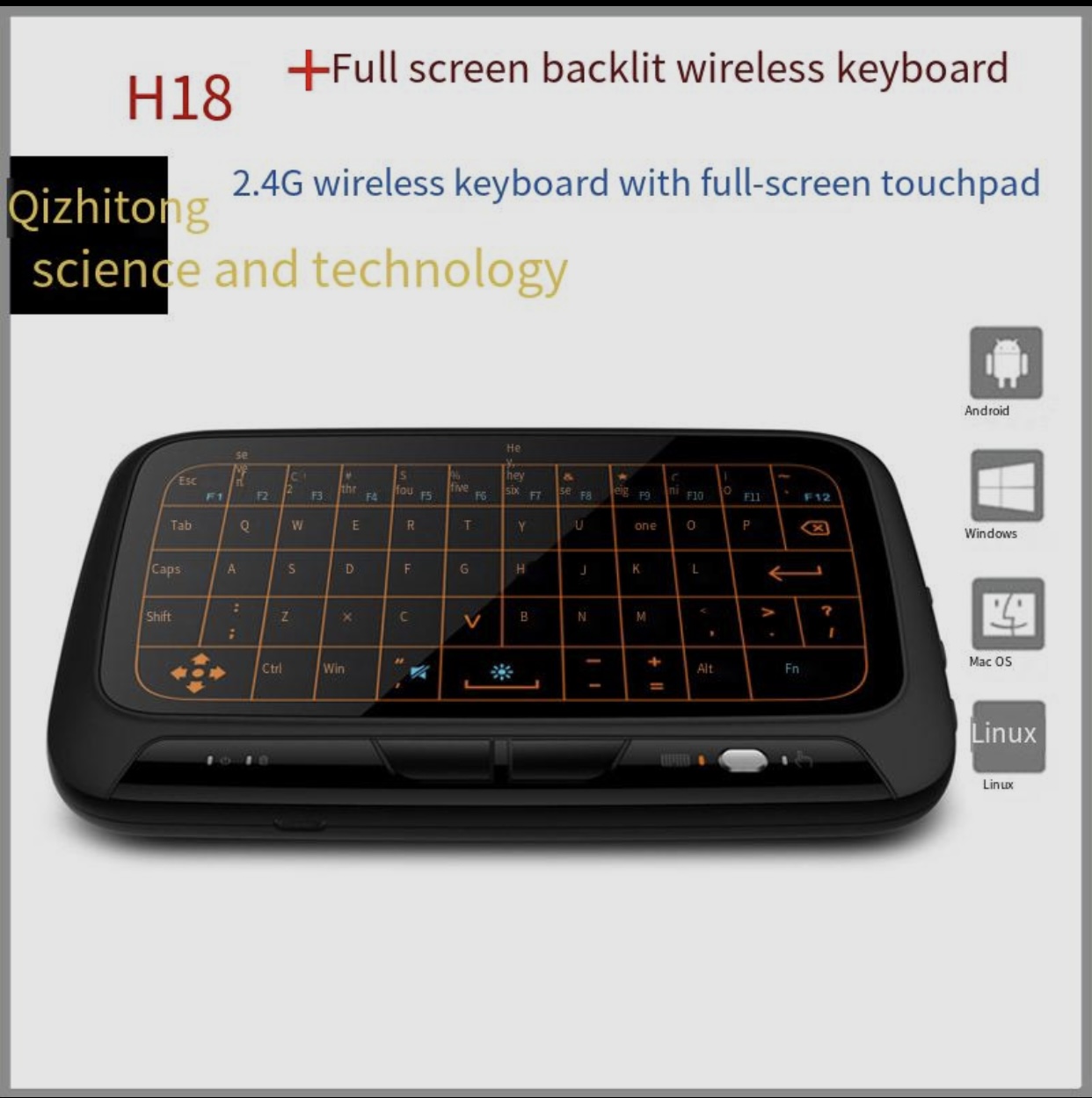 H18+Backlit 2.4G Wireless Full Screen Touch Invisible Keyboard Air Mouse Touch