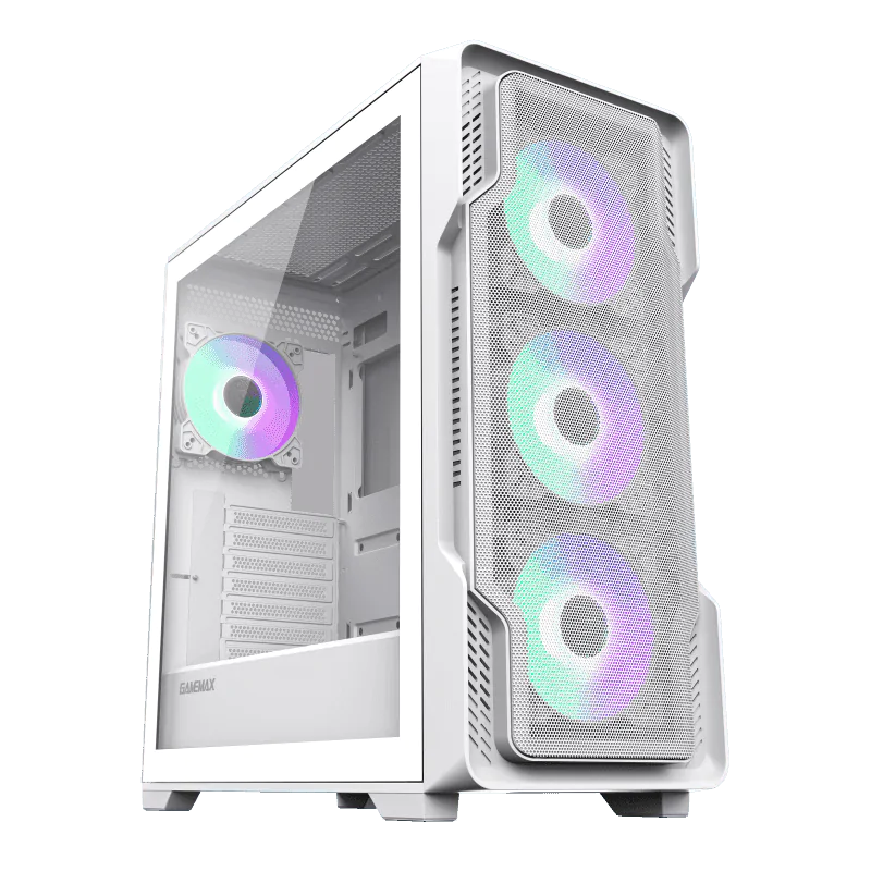 GameMax Siege E-ATX Mid-Tower Gaming Case 1x Tempered glass side panel Pre-installed 4x ARGB Fans - white