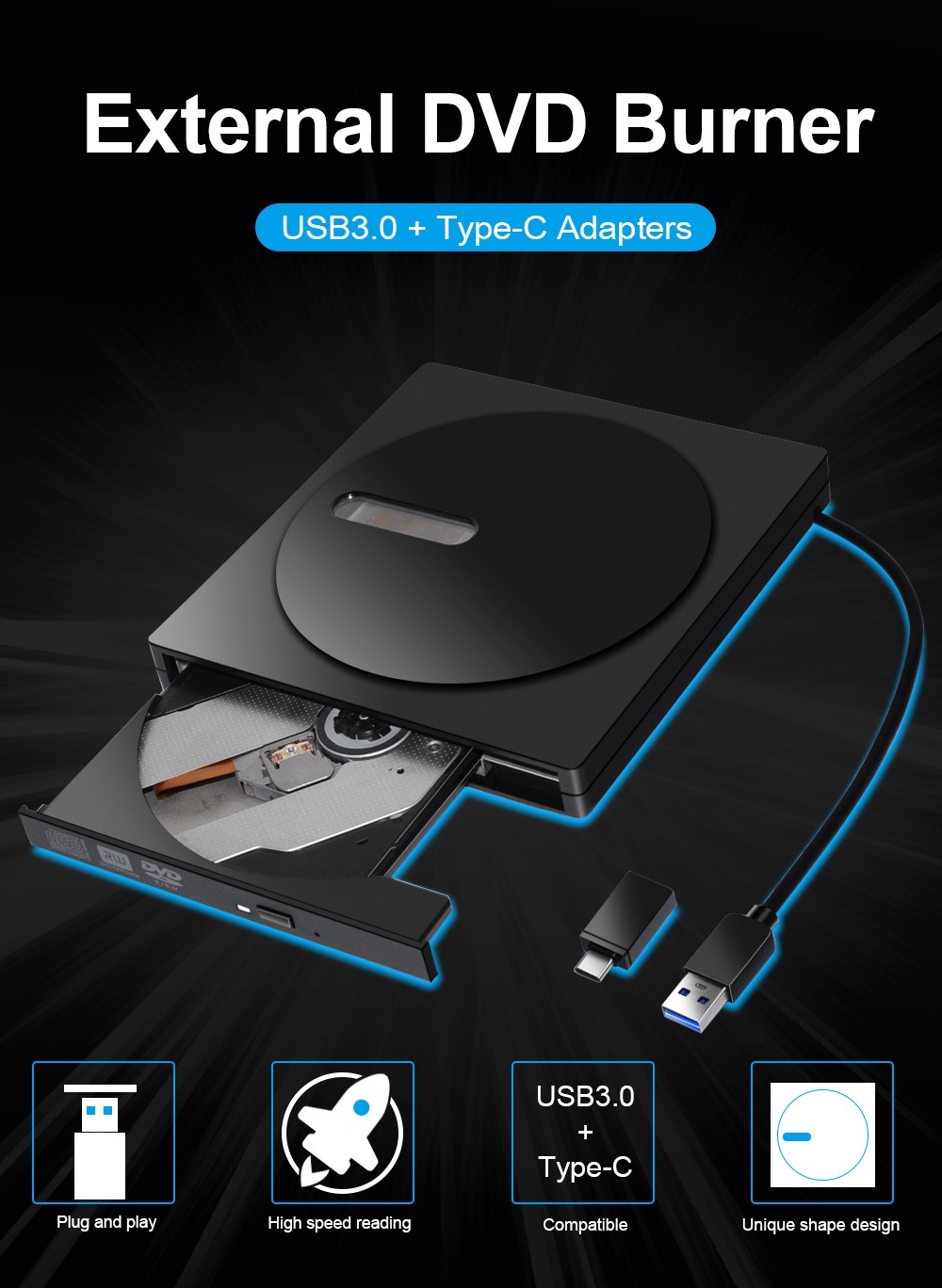 USB + TPEC External DVD Writer USB 3.0 Carry CD / DVD External Driver 